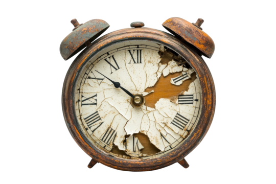 Broken Antique Alarm Clock Time Passing Vintage Rusty Cracked Face Decay on transparent background