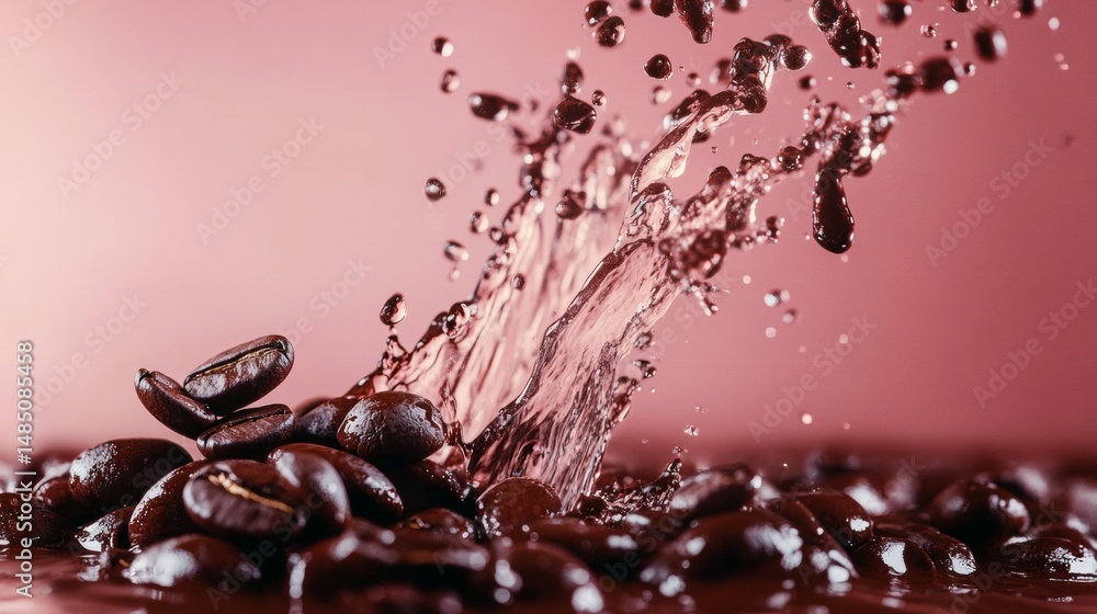 Poster coffee beans splashing into liquid in freeze motion macro photography for drink product branding vis