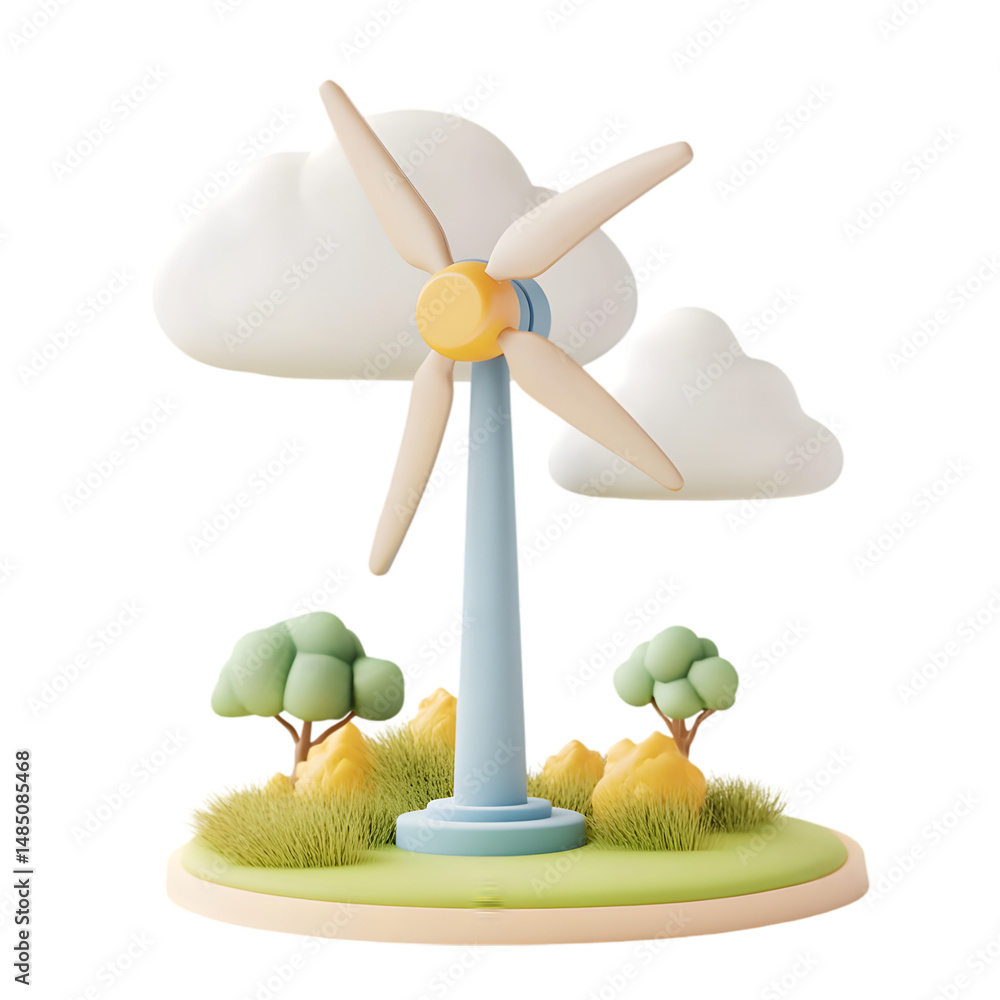 Poster whimsical depiction of a small windmill within a cartoonish landscape. pastel colors and simple shap