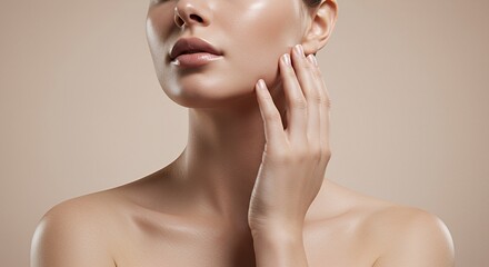 Woman with Fair Skin Gently Touching Her Cheek in Studio Lighting Highlighting Smoothness Against Neutral Background for Skincare Concept