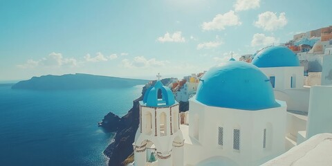 Bright Blue Domes and Whitewashed Buildings on a Greek Island Seascape