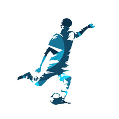 Soccer, football player kicking ball, abstract blue isolated vector silhouette. Team sports clip art