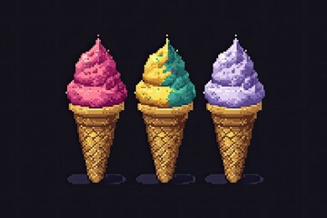 Pixel art ice cream cones.  Three colorful ice cream cones in pixelated style.  Each cone features a different flavor, showcasing a unique swirl of colors, with a sprinkle topping