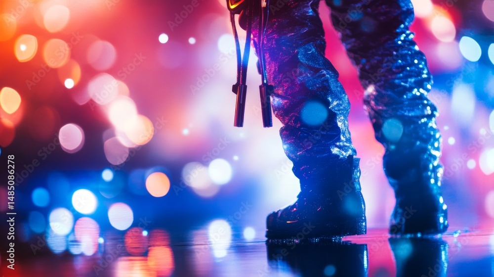 Poster dancer boots on illuminated stage with glowing lights for music performance photography visual scene