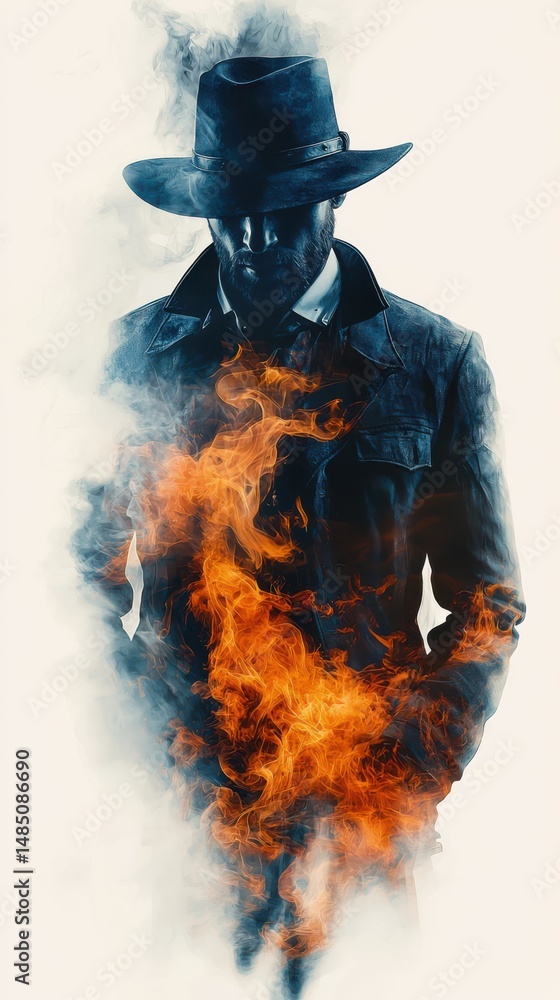 Poster a mysterious and powerful silhouette of a cowboy his figure enveloped in a surreal and captivating d