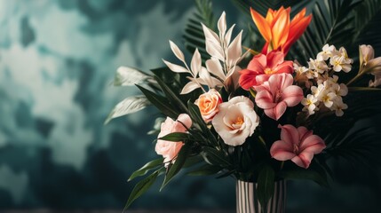 Bouquet of pink white lilies and roses on dark moody background for floral photography setup visual still life