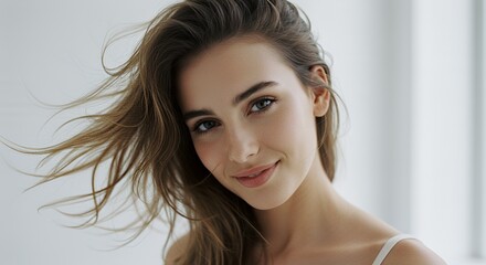 Naklejka premium Dynamic Close Up Portrait of Young Woman with Flowing Brown Hair in Bright Room Looking to Camera