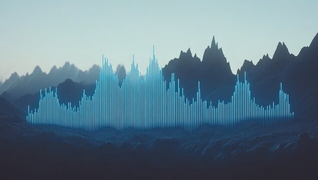 Light blue vertical bars, resembling audio waveforms,  are  on the horizon of a landscape with dark mountains