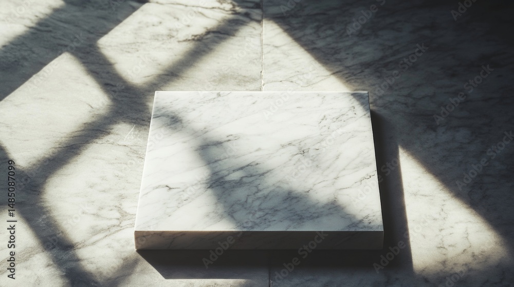 Poster marble block casting soft shadows in daylight for modern architectural minimalism photography setup 