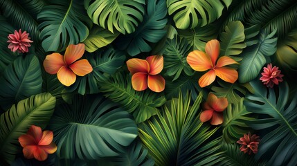 Fototapeta premium Lush tropical foliage and flowers creating a vibrant jungle design