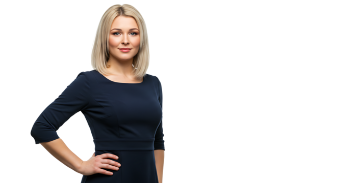 Confident businesswoman in elegant dark blue dress