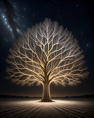 Illuminated Bare Tree Under Starry Night Sky with Radiant Glow