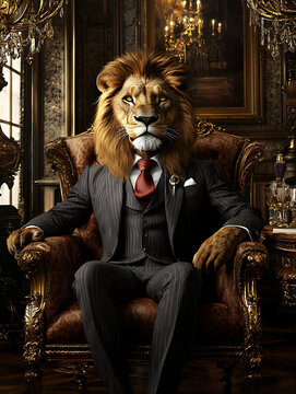 A lion dressed in a pinstripe suit sits regally in an ornate armchair amidst a luxurious gilded interior.