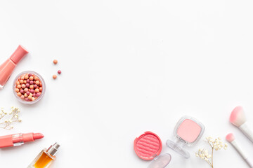 Brown pink shade cosmetic products for makeup. Beauty background