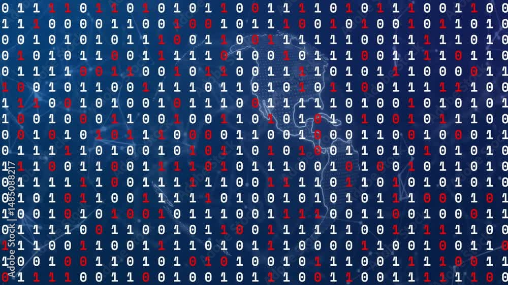 Poster binary digits streaming across dark blue screen, showing red white numbers over circuit world map
