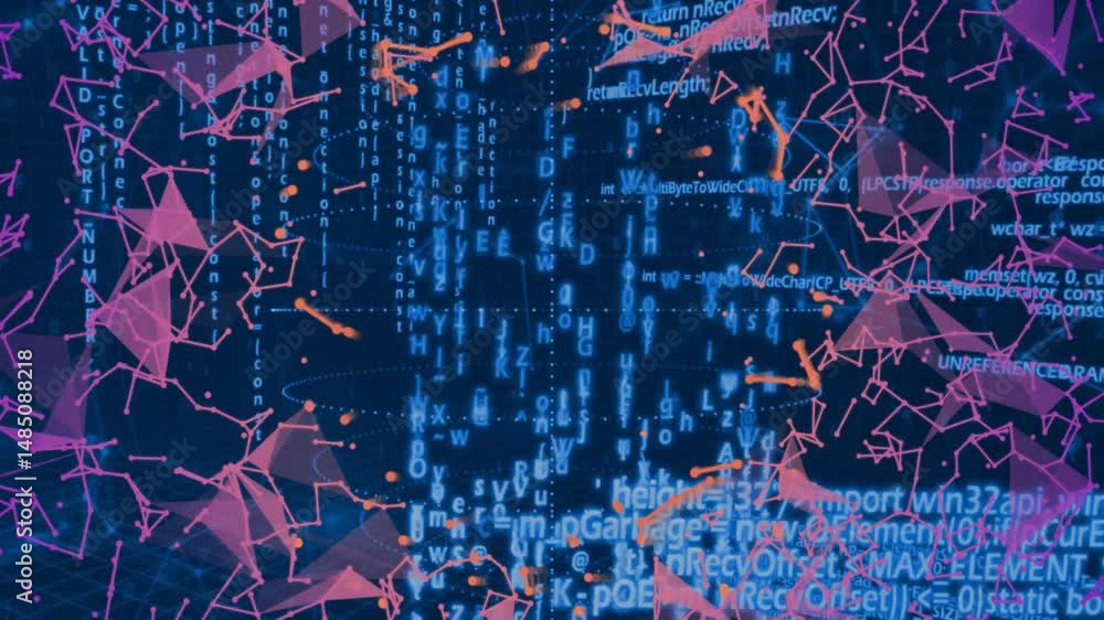 Poster digital code matrix streaming in network grid, featuring pink polygon nodes, glowing orange dots