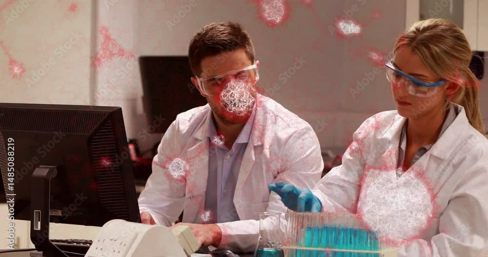 Poster two scientists examining test tubes and beaker at bench, displaying animated molecular graphics