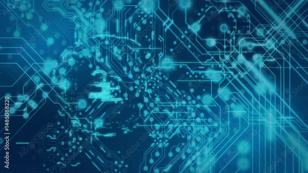 Poster abstract neon blue circuit lines forming grid across dark backdrop, showing glowing node clusters
