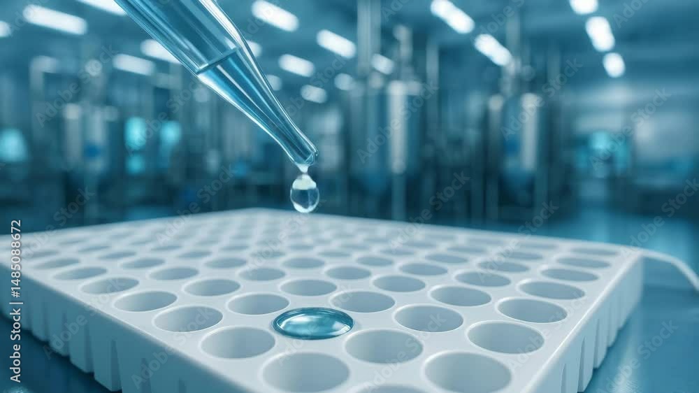 Poster vaccine production facility uses precise pipette techniques to transfer liquid samples sterile labor