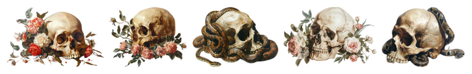 Obraz premium PNG Skulls adorned with floral elements, element set on transparent background