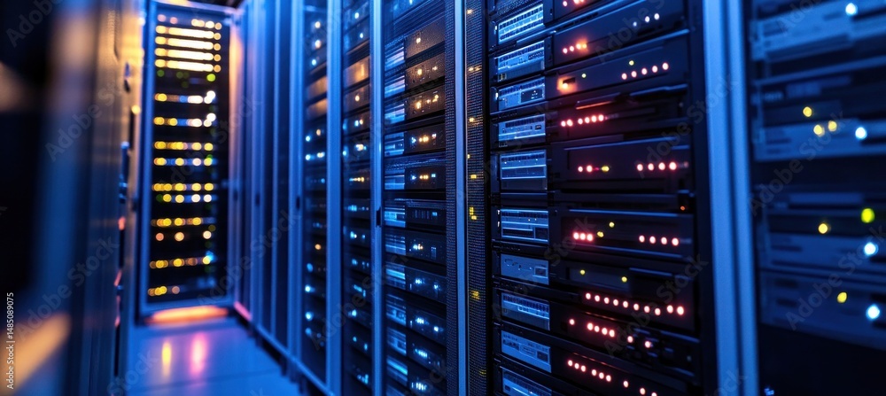 Poster server room blinking lights showing internet connectivity in data center
