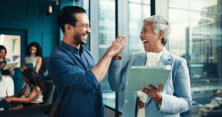 High five, team and tablet with business people in office for success, growth performance and...