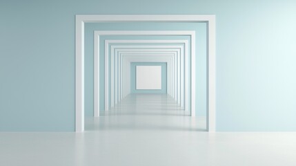 A serene minimalist hallway with repeating white frames and a striking vanishing point perspective creating a sense of depth and tranquility
