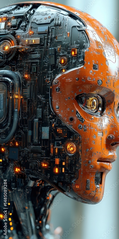 Poster detailed robotic head with visible circuitry and artificial intelligence components