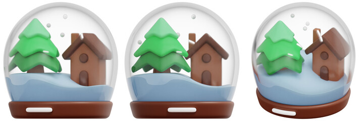 Set of 3D Rendered Snow Globes Depicting a Whimsical Winter Scene with Houses and Trees 3d Render Icon Illustration