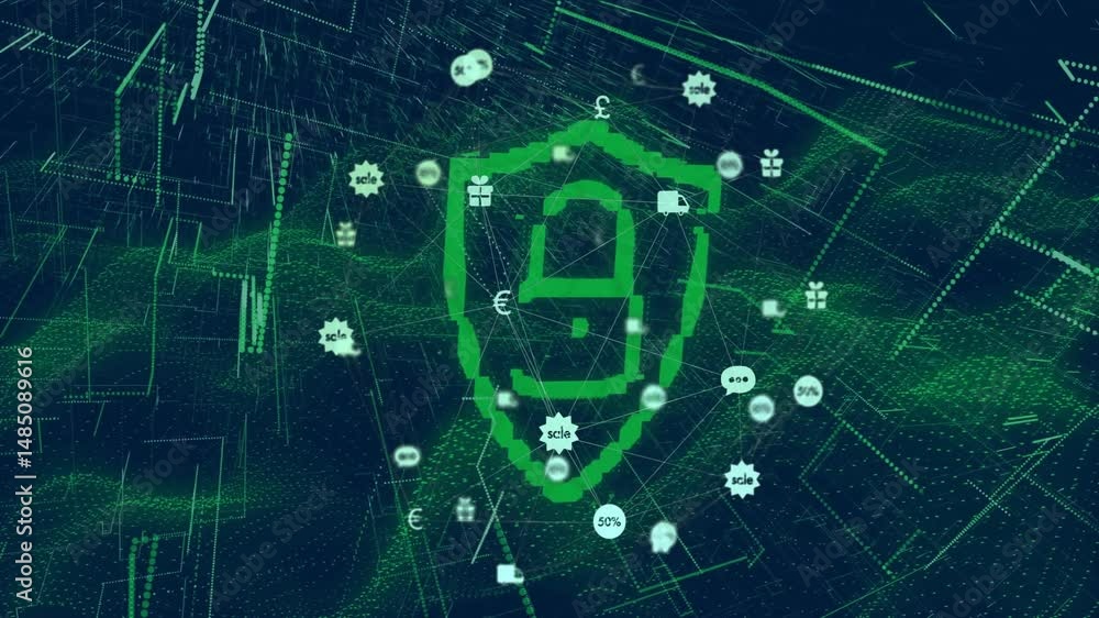 Aufkleber green pixelated shield protecting padlock icon floating amid network of commerce icons in 3d render