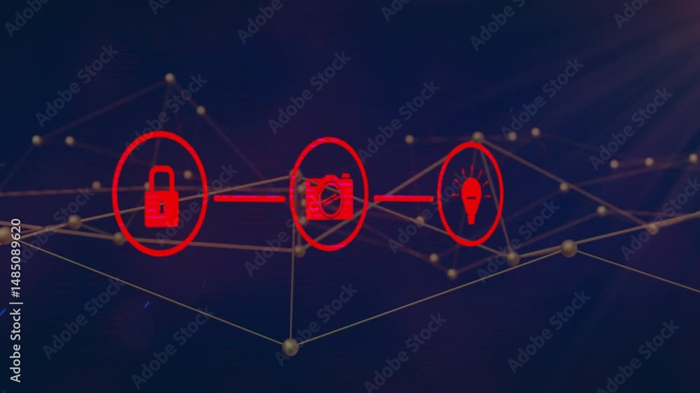 Aufkleber red padlock, camera, lightbulb icons floating in 3d wireframe network, connecting via golden nodes