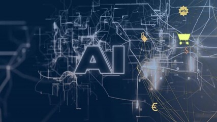 Animated scene showing AI letters glowing with network linking security, cart, scale icon, currency - Powered by Adobe