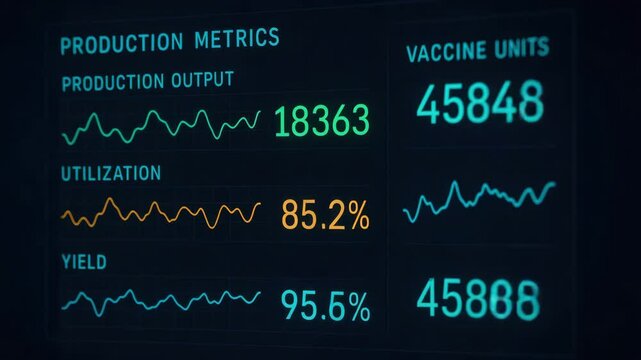Vaccine production facility metrics display production output utilization and yield with data trends for efficient vaccine units manufacturing