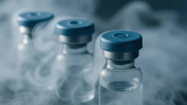 Vaccine vials in cold storage facility with mist create sterile environment for safe medicine production and controlled storage