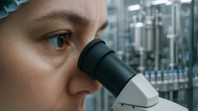 Scientist examines samples through microscope in vaccine production facility ensuring precise research development and quality safety in laboratory