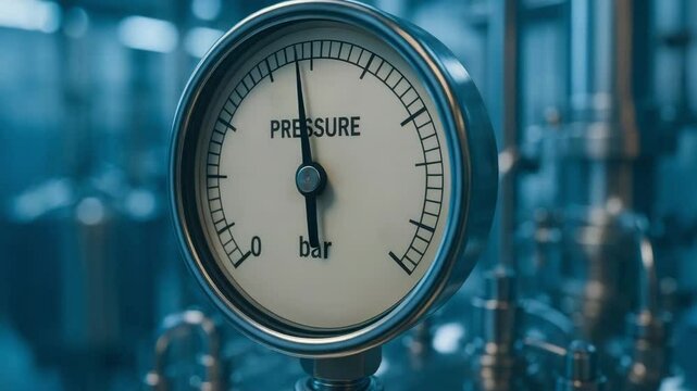 Pressure gauge in vaccine production facility measuring bar pressure on stainless steel pipe system for safe and efficient system measurement
