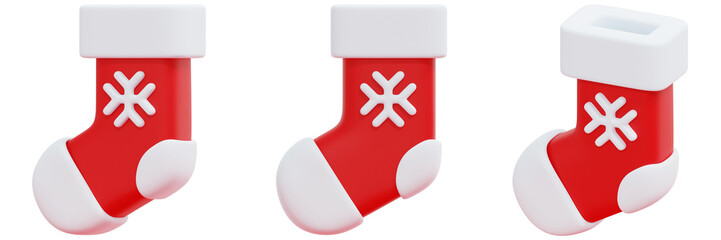 Set of Red Christmas Stockings with White Snowflakes and Cuffs 3d Render Icon Illustration