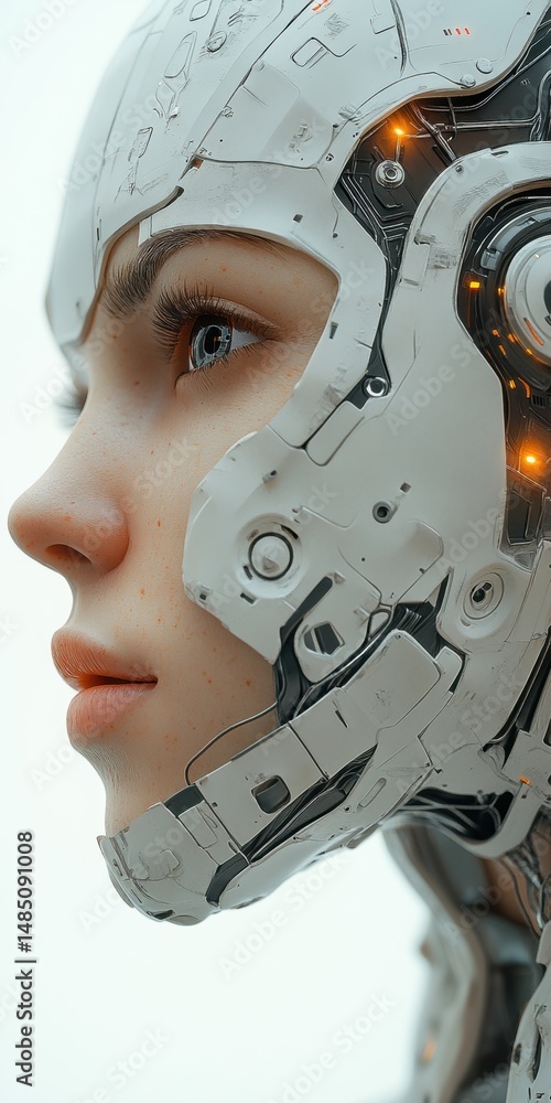 Poster humanoid robot face with mechanical augmentation in futuristic style