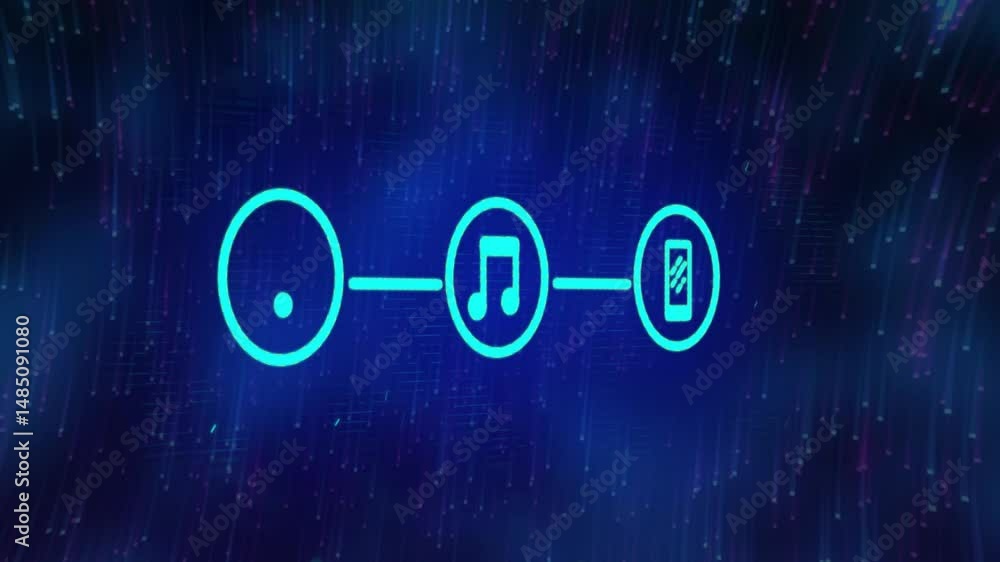 Poster neon blue icons being linked by glowing lines streaming through digital data field, in flat design