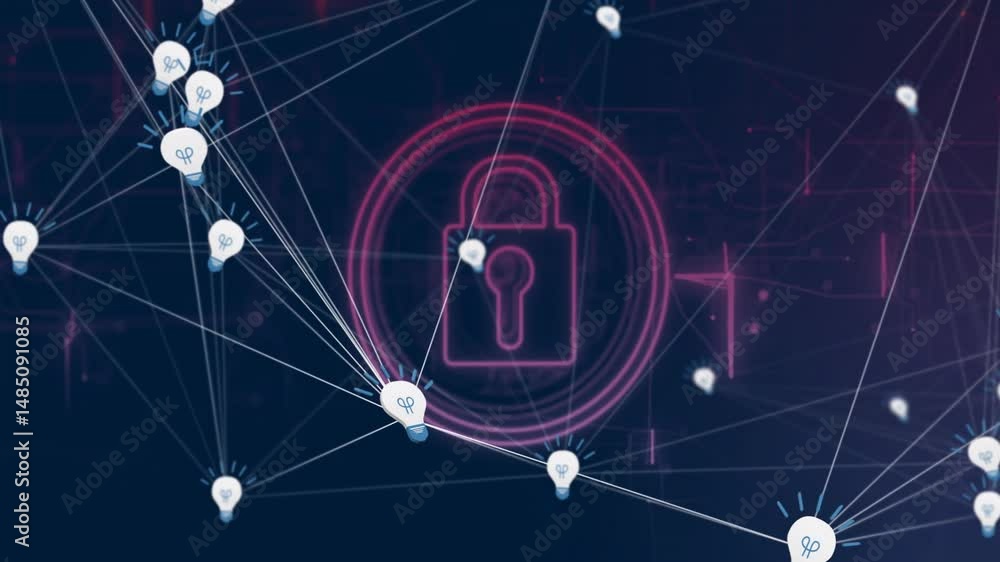 Poster light bulb network nodes connecting while neon pink padlock glowing within dark blue 3d render