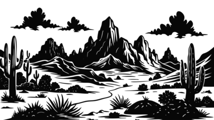 Gardinen Desert landscape silhouette, minimalist sunset scene with mountains and cactus, vector illustration for nature background or western theme design © OasisVector Studio