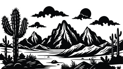 Desert landscape silhouette, minimalist sunset scene with mountains and cactus, vector illustration for nature background or western theme design