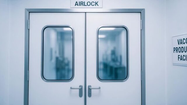 Clean sterile vaccine production facility with secure airlock door ensures safety and contamination control in laboratory environment