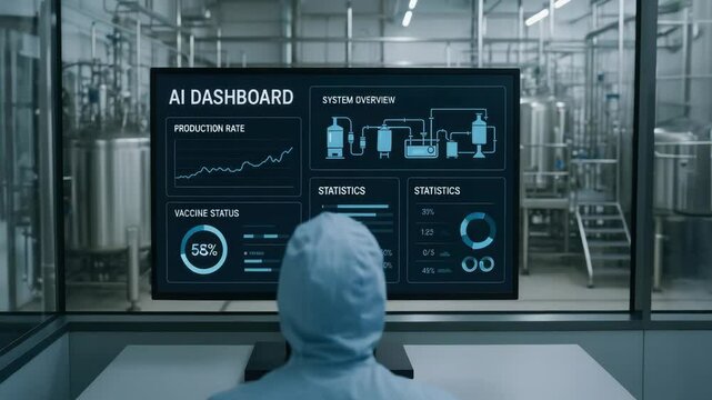 AI dashboard technology for monitoring vaccine production facility with real time statistics and system overview ensuring efficient vaccine production