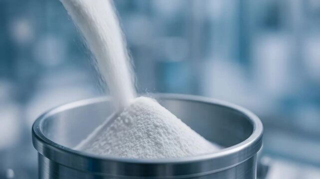 Powder poured into stainless steel container in vaccine production facility ensuring clean, controlled environment for pharmaceutical manufacturing