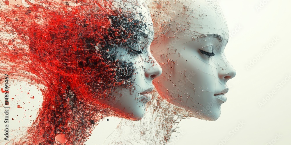 Aufkleber two faces intertwined with data fragments and artificial intelligence elements
