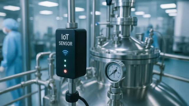 IoT sensor device monitoring vaccine production facility with stainless steel equipment ensures safety and quality in manufacturing process