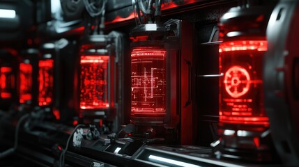 Futuristic Red Digital Server Racks in Dark Room