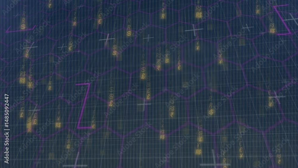 Aufkleber 3d render showing falling currency symbols over blue grid with purple hexagon mesh and charts