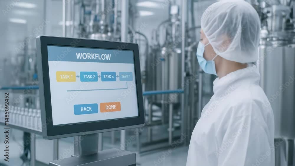 Poster worker in protective clothing operates touchscreen workflow system in vaccine production facility en